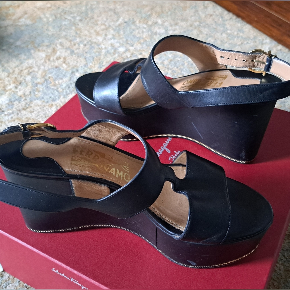 Ferragamo Wedges, Black, Size 7